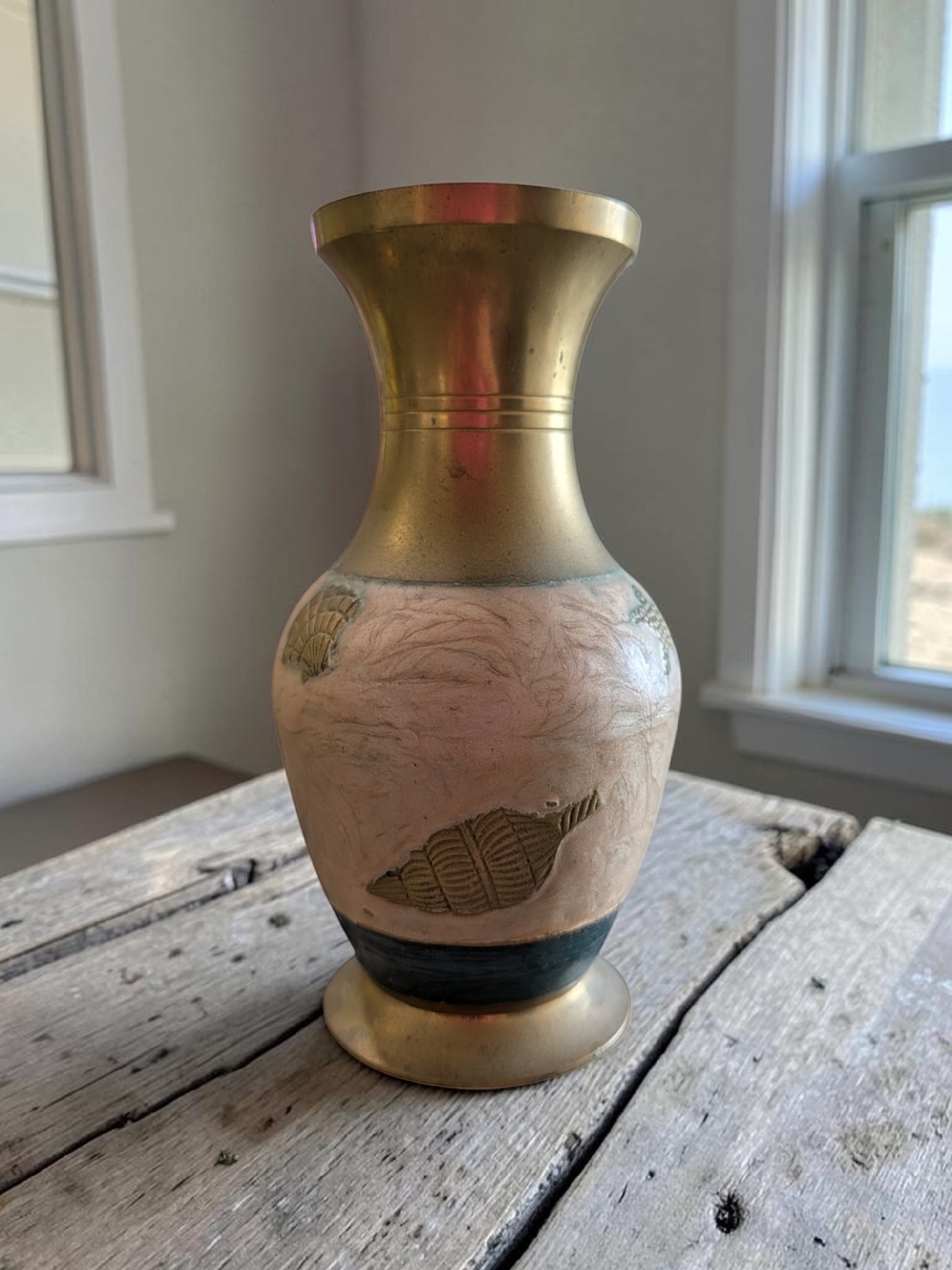 Vintage Brass Vase Made in India Coastal Shell Motif Boho Home Decor